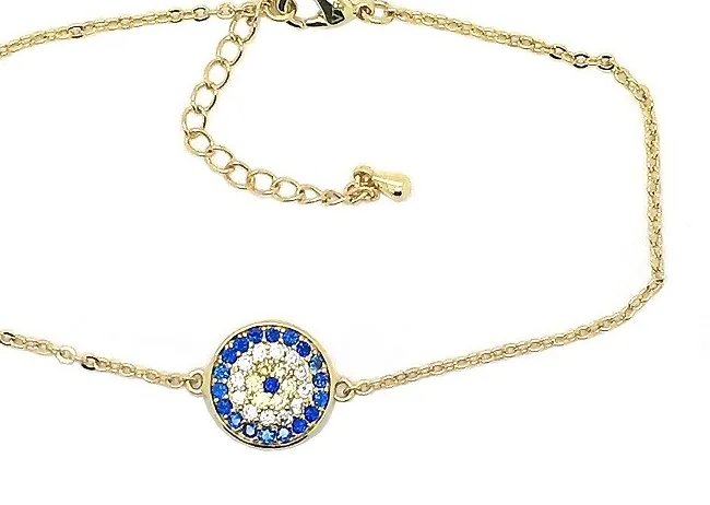 Authentic Multi-Color CZ Evil Eye 14K Flash Gold Plated Link Anklet