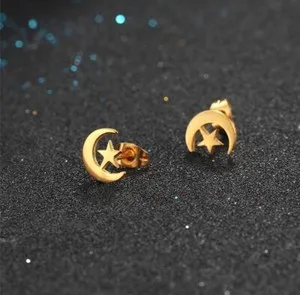 Authentic Crescent Moon Star/Ankh Stud Earrings, 18K Gold Plated Stainless Steel Earrings
