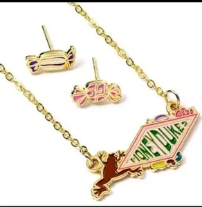 Authentic Harry Potter Gold Plated Necklace Earrings Honeydukes Set Chocolate Frog Candy