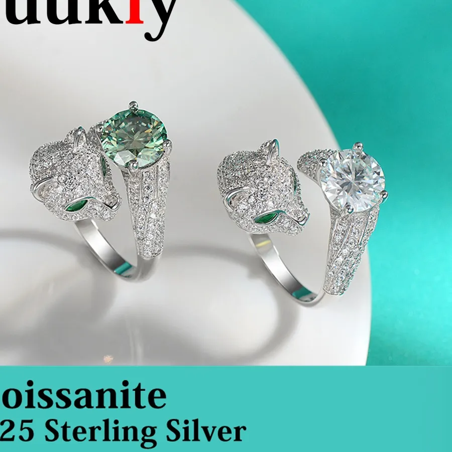 Authentic S925 Sterling Silver 2Ct Color Moissanite Leopard Head Ring Adjustable Open Band Statement Ring Jewelry