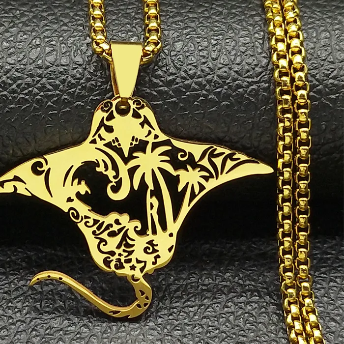 Authentic Hollow Manta Ray Sea Devil Fish Necklace Gold Color Coconut Tree Tropical Marine Scenery Jewelry