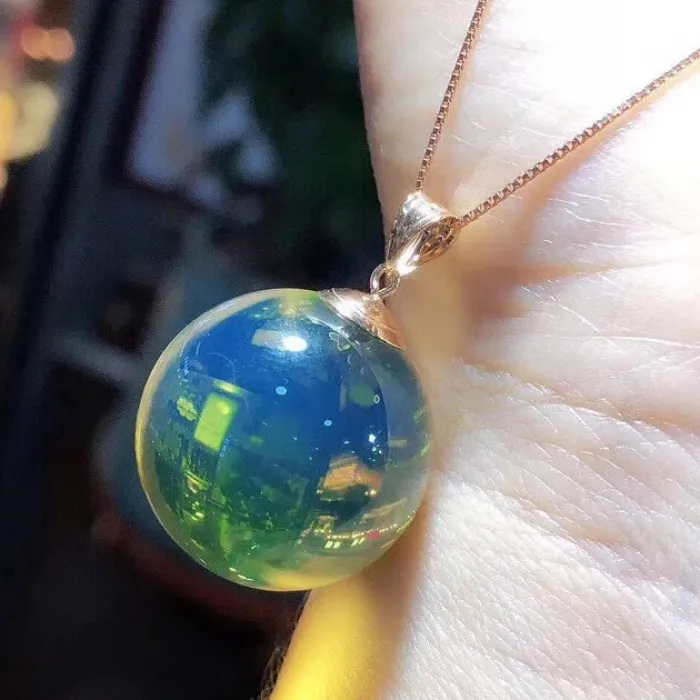 Authentic The Radiant Azure Veil: 20mm Mexican Blue Amber and 18K Gold Purification Pendant
