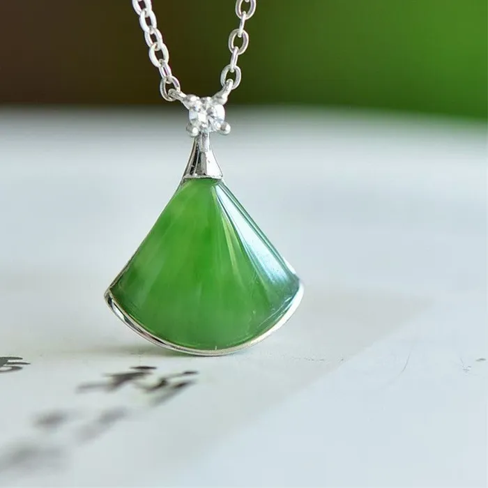 Authentic Skirt Clavicle Chain Pendant, S925 Silver With Fan- Shaped Hetian Jade Inlay, Passed Inspection