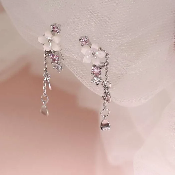 Authentic Sakura Vows Sterling Silver Cherry Blossom Zircon Drop Earrings