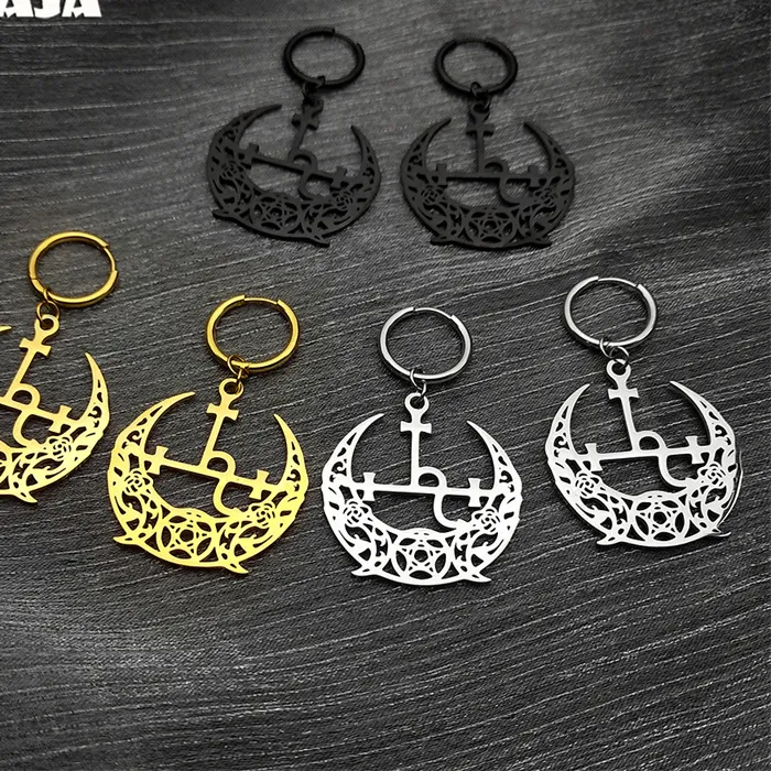 Authentic Wicca Triple Moon Crescent Pentagram Hoop Earrings Gold Color Satan Lilith Drop Earrings Jewelry