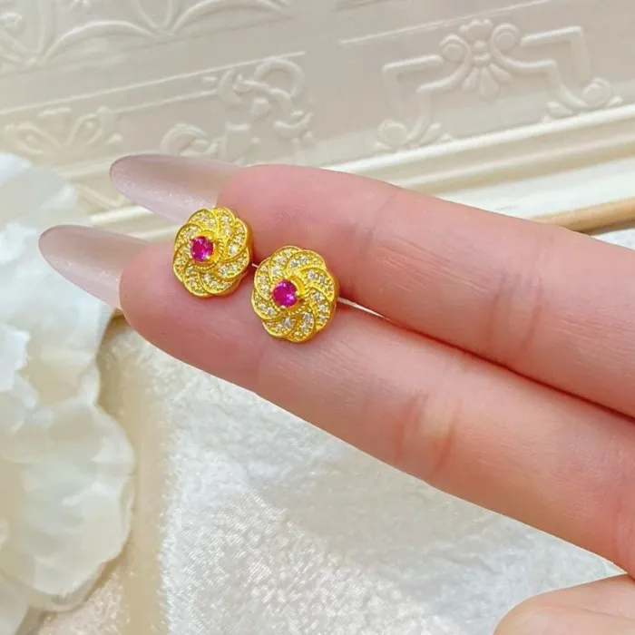Authentic Crimson Bloom Gold- Plated Spiral Flower Ear Studs
