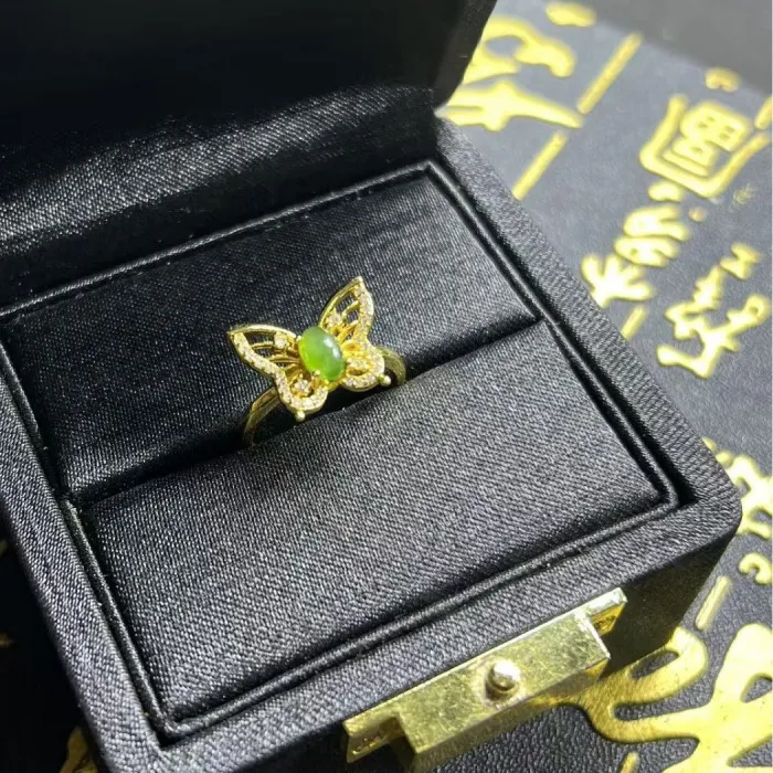 Authentic High- End Gold- Plated Jewelry, Jade Butterfly, Adjustable Ring, Fashionable National Trend Hand Accessory