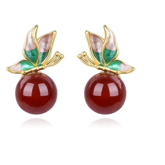 Authentic Natural Red Jade Butterfly Stud Earrings Real Jewelry Designer Accessories 18K Gold Plated
