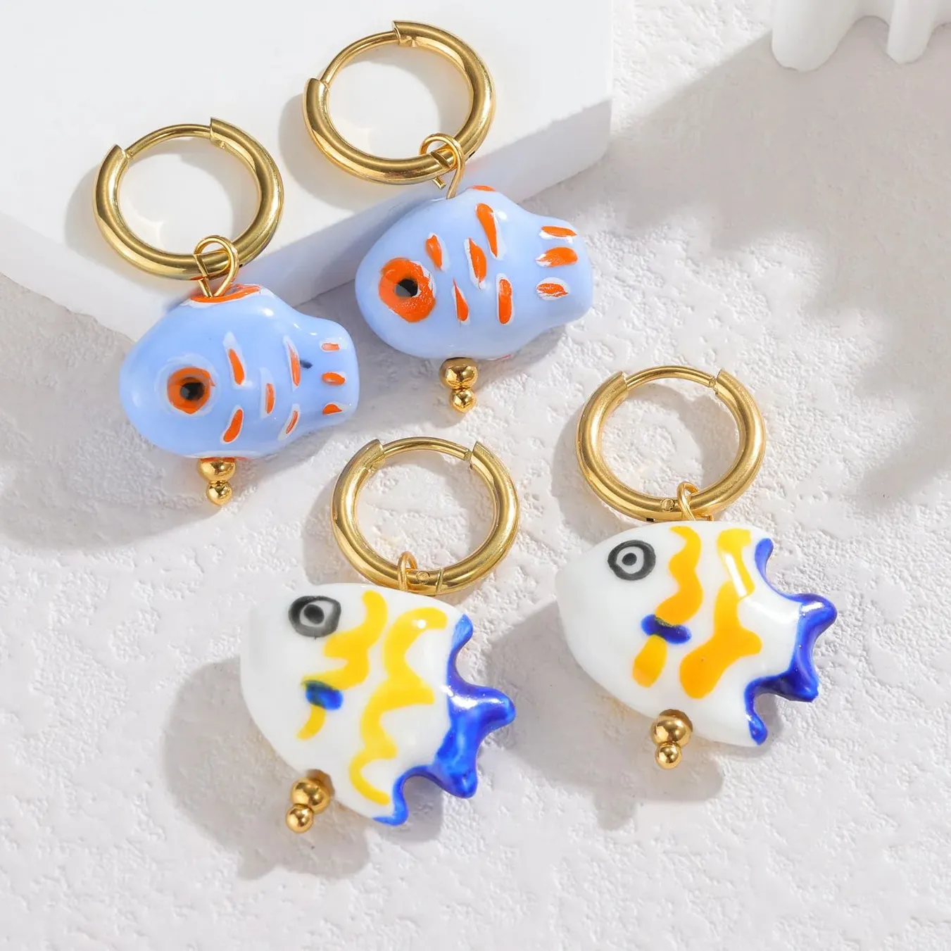 Authentic Rainbow Finned Guardians: Hand-painted Ceramic Earrings
