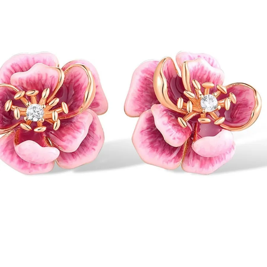 Authentic Sweet Romantic Pink Rose Gold Color Super Fairy-like Painted Oil Stereo Flowers 5A Zircon Stud Earrings for Women Charm Jewelry