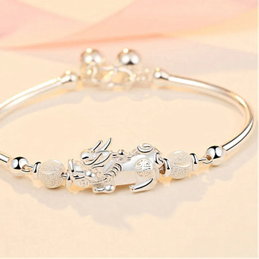Authentic Ouyadi 925 Sterling Silver Pi Xiu Chain Bracelet Custom Engraved Frosted Bead Dangle Bell Bracelet