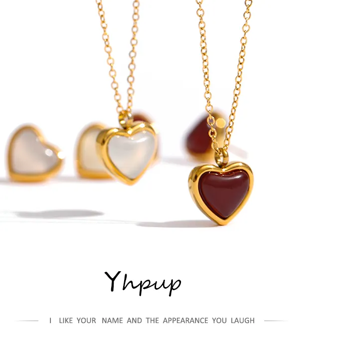 Authentic Yhpup Heart Pendant Necklace Chain Jewelry Temperament Natural Stone Agate Collar Necklace Брелок