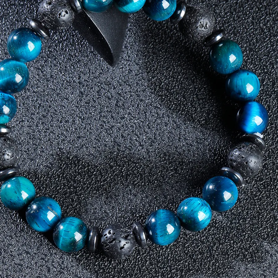 Authentic Celestial Blue Tiger Eye & Lava Orb Bracelet Guardian's Whisper