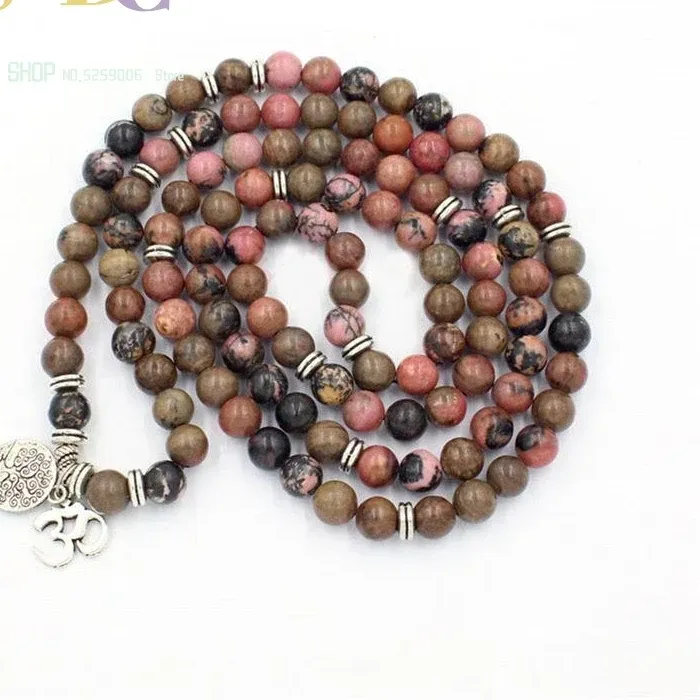 Authentic Sacred Alignment 108 Bead Black Line Rhodochrosite And Ohm Talisman