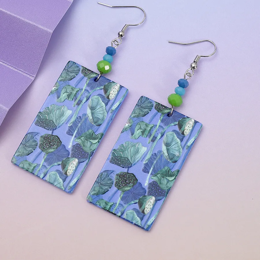 Authentic Green Blue Lotus Flower 3D Print Acrylic Earrings Style Clothing Accessories Elegant Aesthetic Jewelry