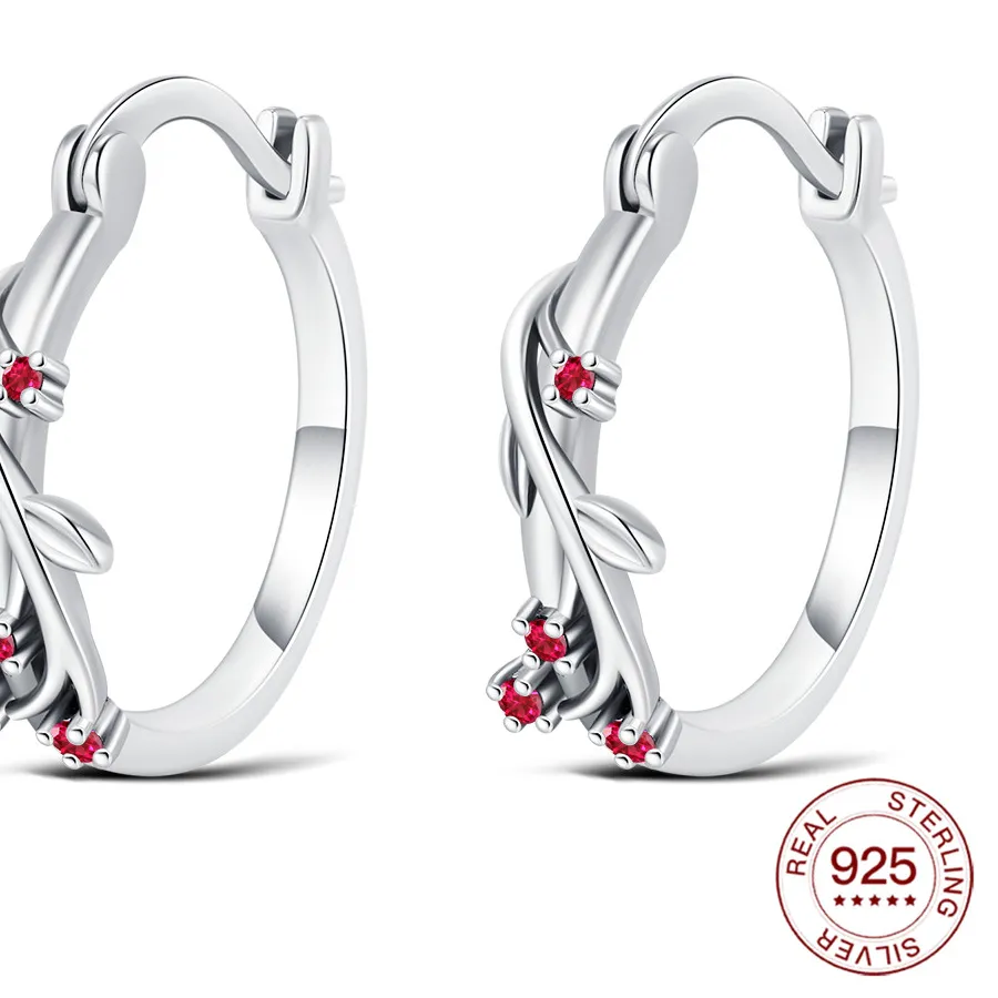 Authentic 925 Sterling Silver Red Holly Hoop Earrings Hypoallergenic Minimalist Earrings Daily Outfit Matching Jewelry