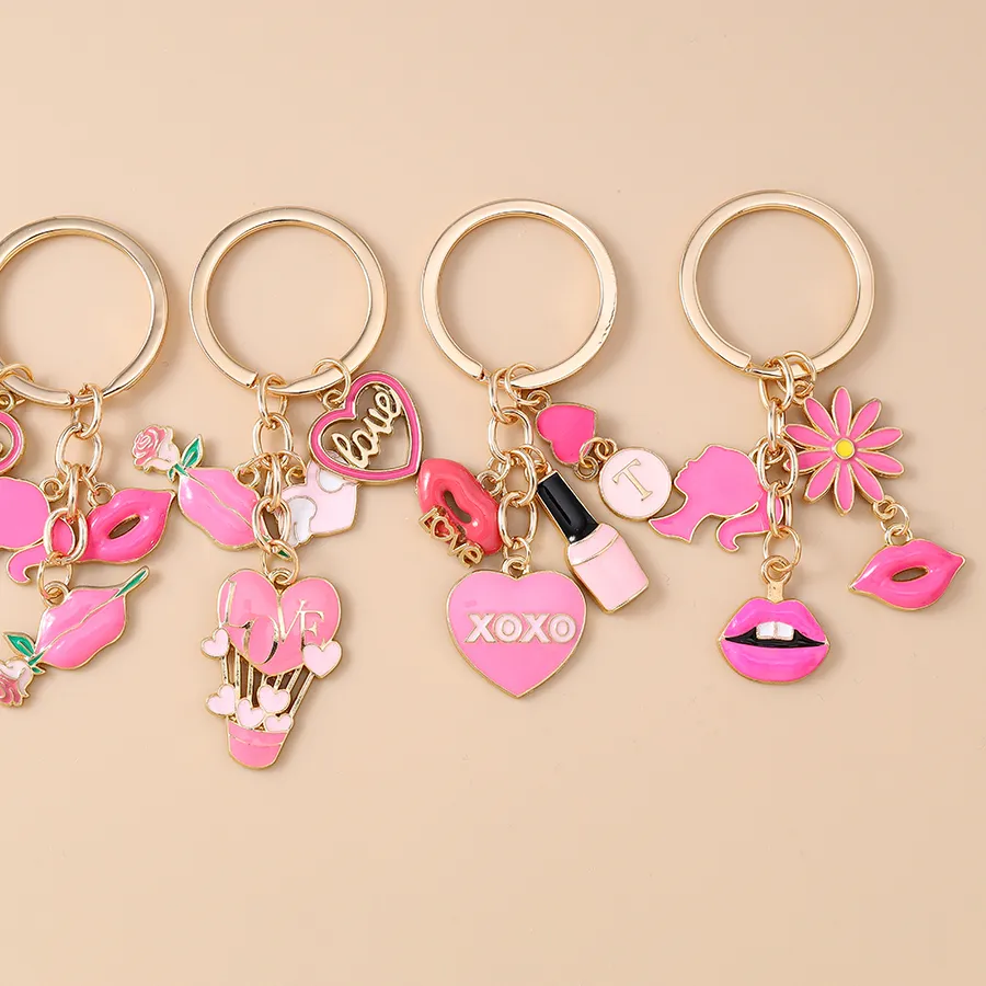 Authentic Cute Enamel Pink Love Heart Keychain Women Girls Sexy Lip Flower Key Ring Pendants for Handbag Decor DIY Handmade Jewelry Gifts