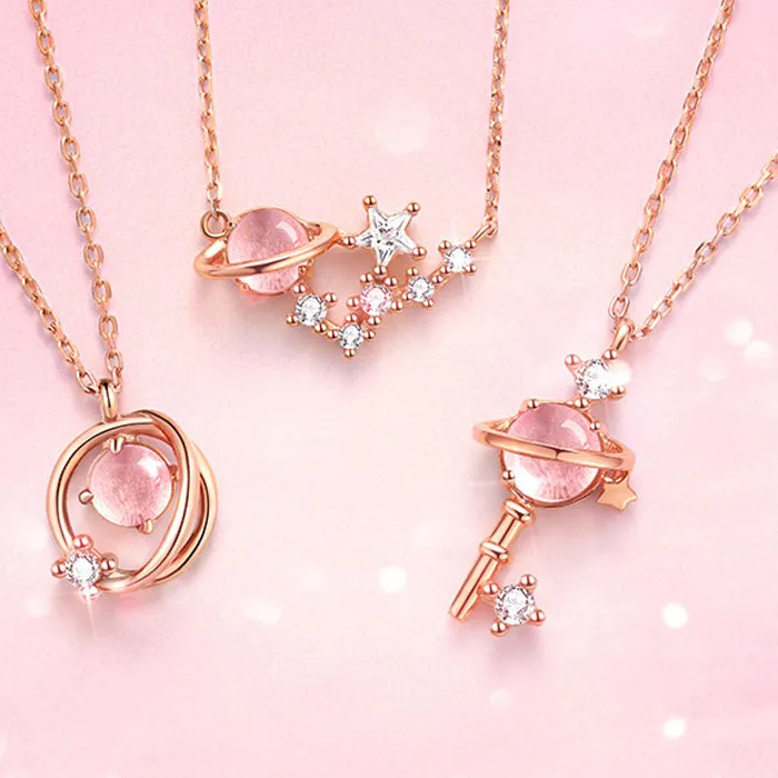 Authentic Pink Planet Meteor Shower Key Pendant Necklace Tiny Rose Gold Color Clavicle Chain Collar for Women Friendship Jewelry