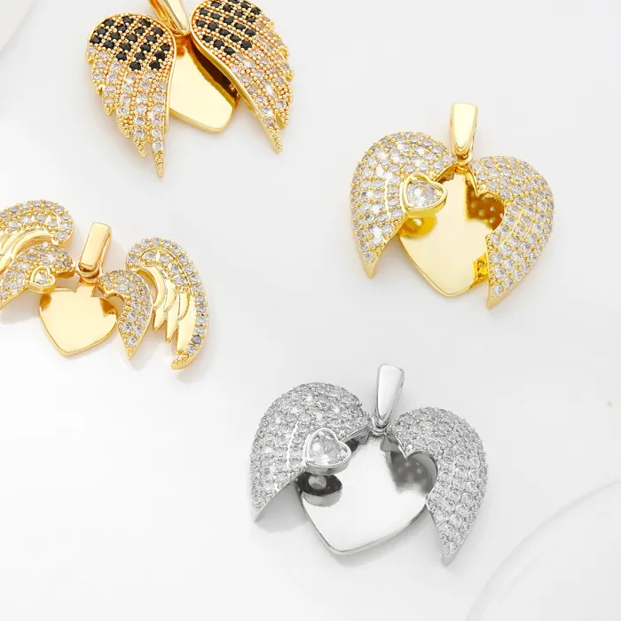 Authentic 18K Gold Plated Heart Pendant Charm For DIY Jewelry Making,Inlaid Zircon Wing Charm DIY Necklace Accessories