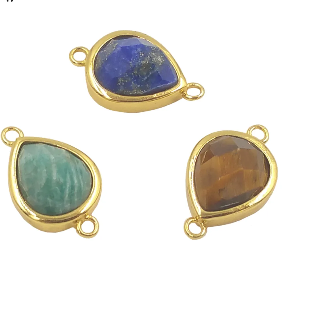 Authentic WT-C308 Lovely Natural Gemstone Teardrop Connector Pendants 18k Real Gold Plated Bezel Double Loops Drop Stone Charms