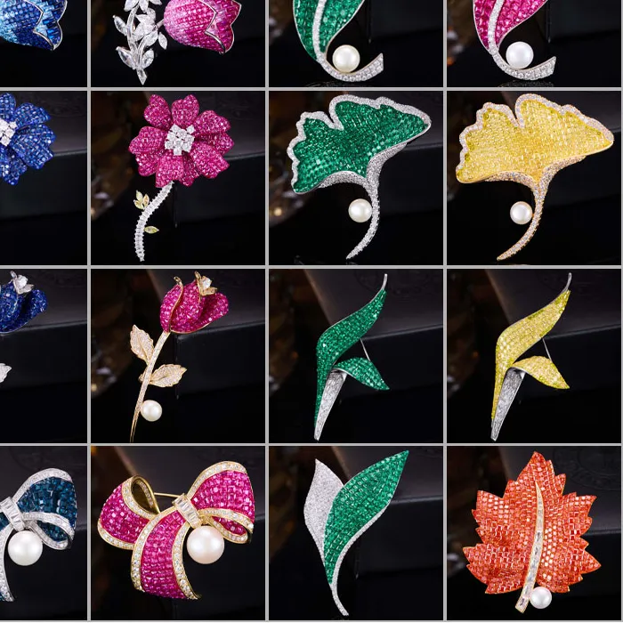 Authentic Heavy Industry Colored Zirconia Bow Freshwater Pearl Brooches Light Ginkgo Leaf Plant Jewelry Clothing Pins