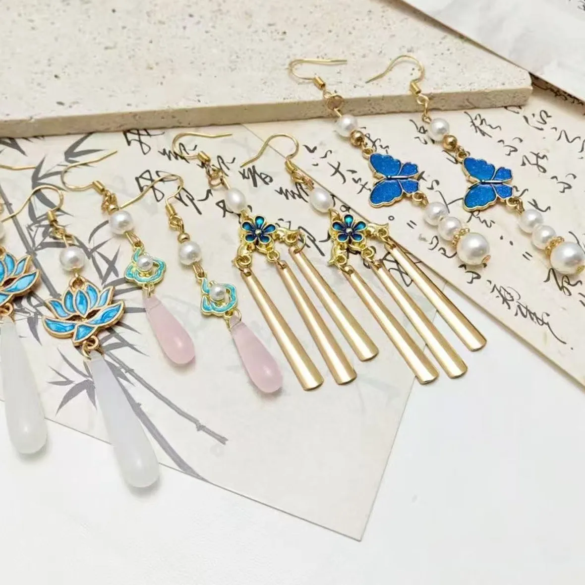 Authentic Chinese Style Blue Enamel Earrings Gold Plated Flower Butterfly Shape Jade Pearl Tassel Elegant Jewelry Ear Clip