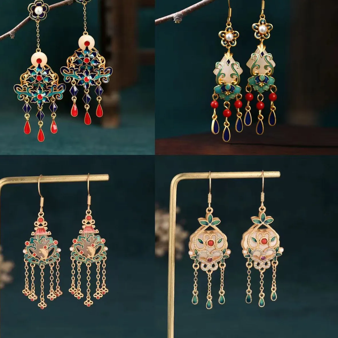 Authentic Ethnic Chinese Butterfly Earrings Enamel Jade Plated Gold Jewelry Tassel Long Earring