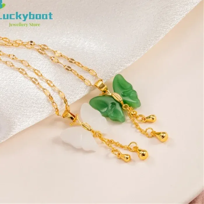 Authentic Original Inlaid Jade Ancient Method Gold Craft Inlaid Butterfly Hetian Jade Necklace Pendant Chinese Style Jewelry