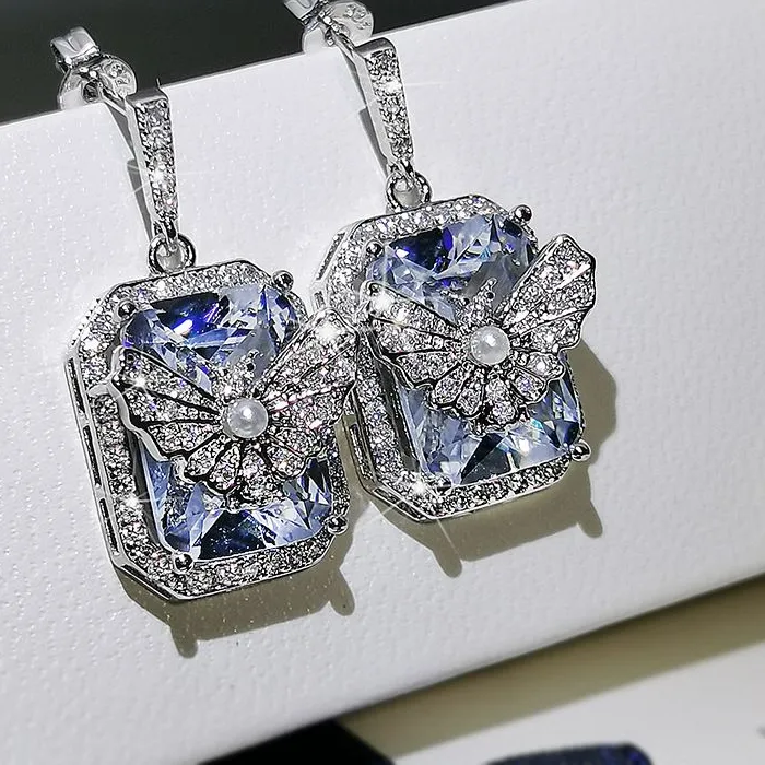 Authentic Jewelry, European And American Butterfly Earrings, Zircon White Gold Earrings.