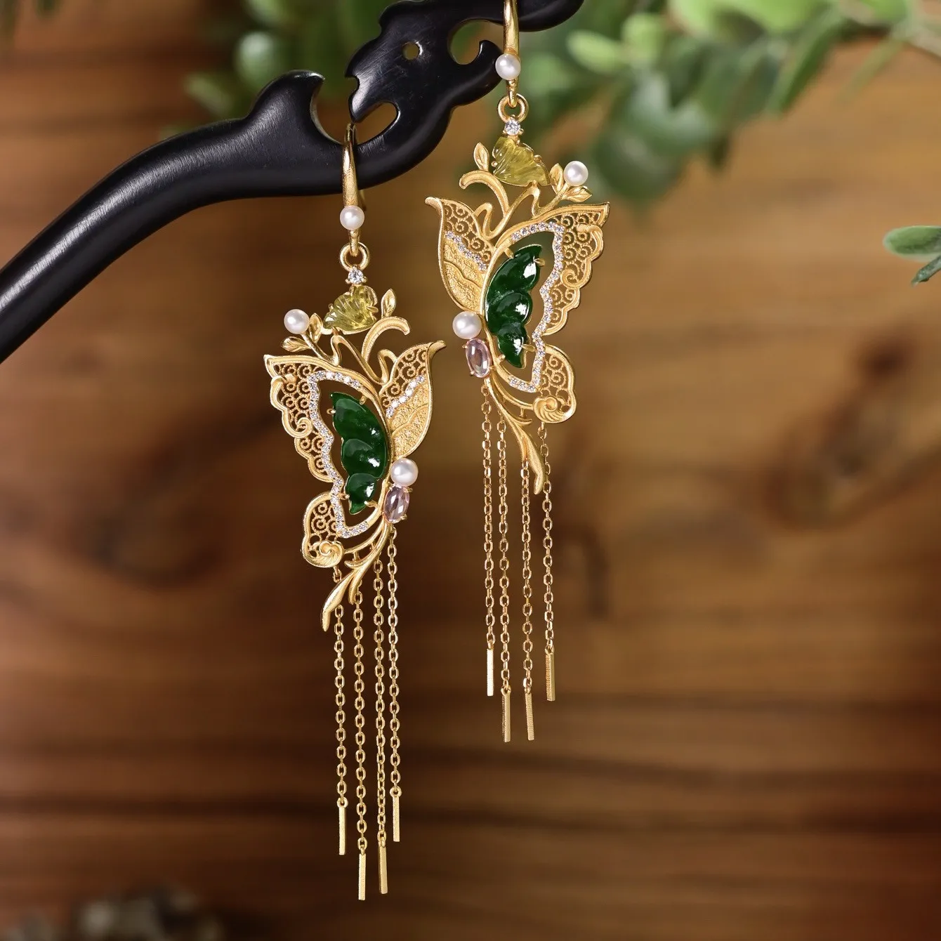 Authentic Whispers Of The Jade Butterfly S925 Gold- Plated Tourmaline And Pearl Talismanic Earrings