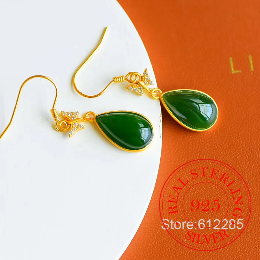 Authentic 925 Sterling Silver Jewelry 18K Gold Plated Natural Jade Crystal Butterfly Drop Earrings