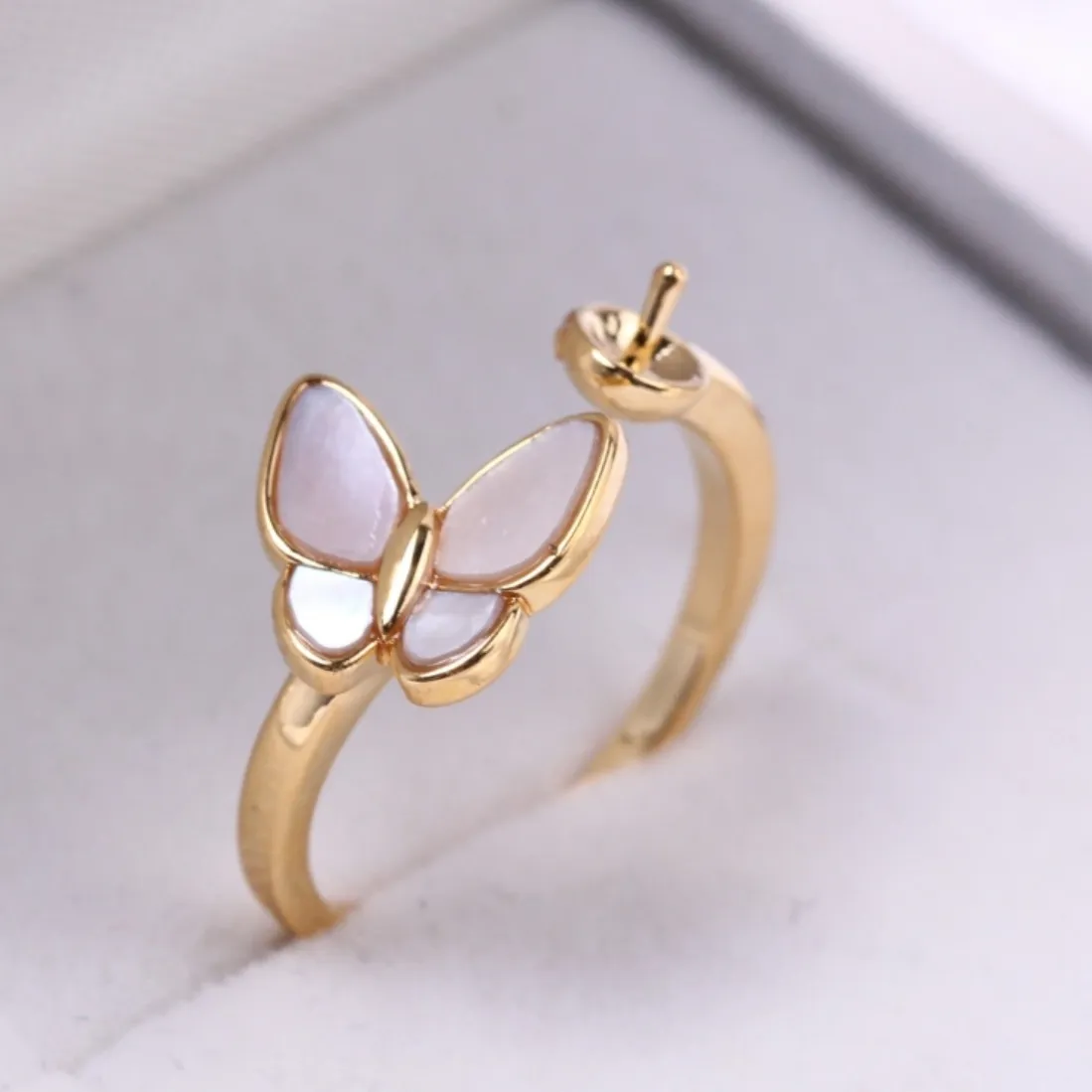 Authentic 18K Gold Plated Butterfly Cz Inlaid Open Ring Blank Setting Handmade Findings For Pearl Jade Agate Diy Jewelry