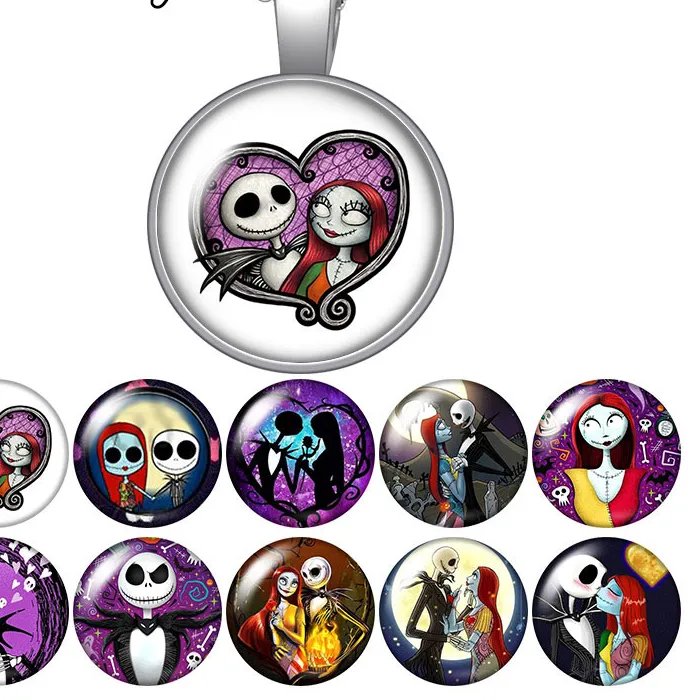 Authentic Jack Skellington Nightmare Before Christmas Round Glass Cabochon Silver Plated Crystal Pendant Necklace Jewelry For