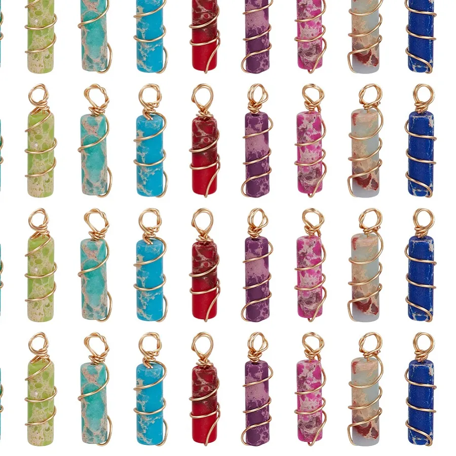 Authentic 36Pcs 9 Colors Dyed Imperial Jasper Wire Wrapped Pendants Column Charms Real 18K Gold Plated Mixed Color 19mm Hole: 2.5mm
