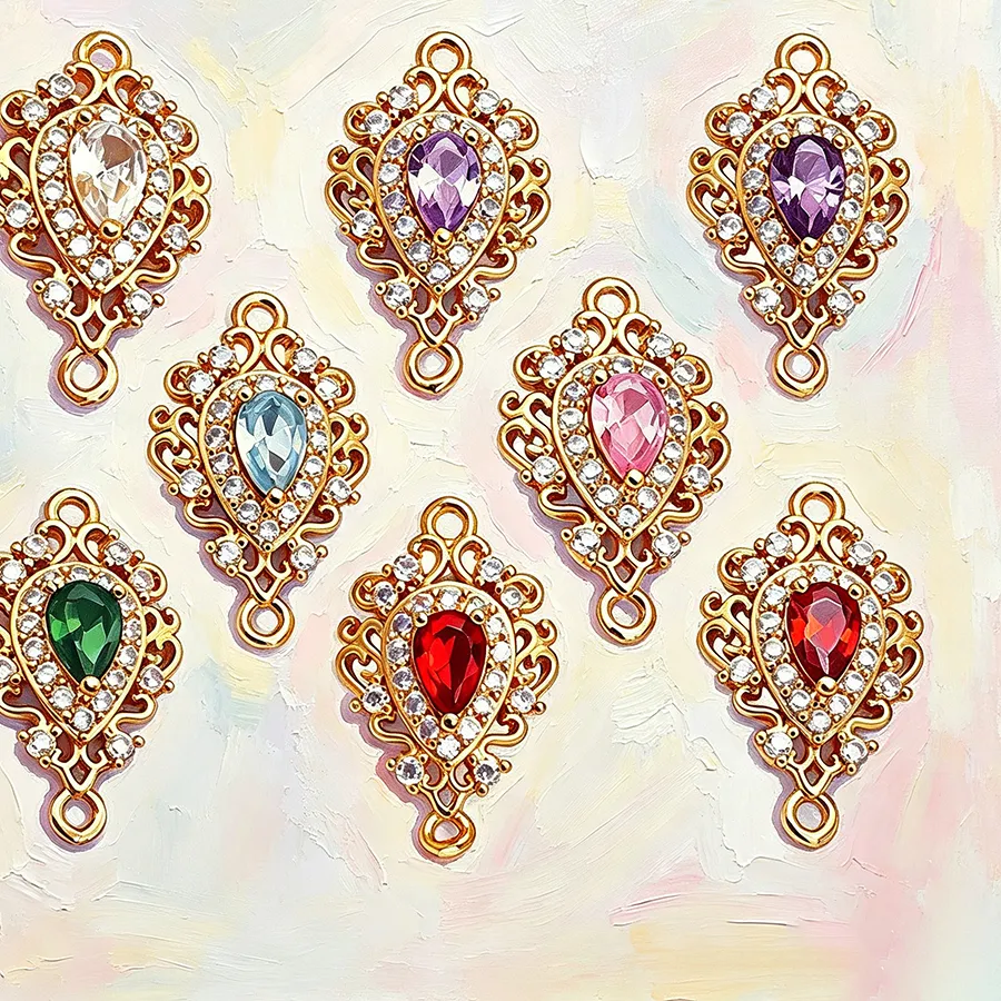 Authentic 6PCS 12x20MM 18K Gold Color Brass and Zircon Glass 2 Holes Drop Shape Connect Charms Pendants Jewelry Making
