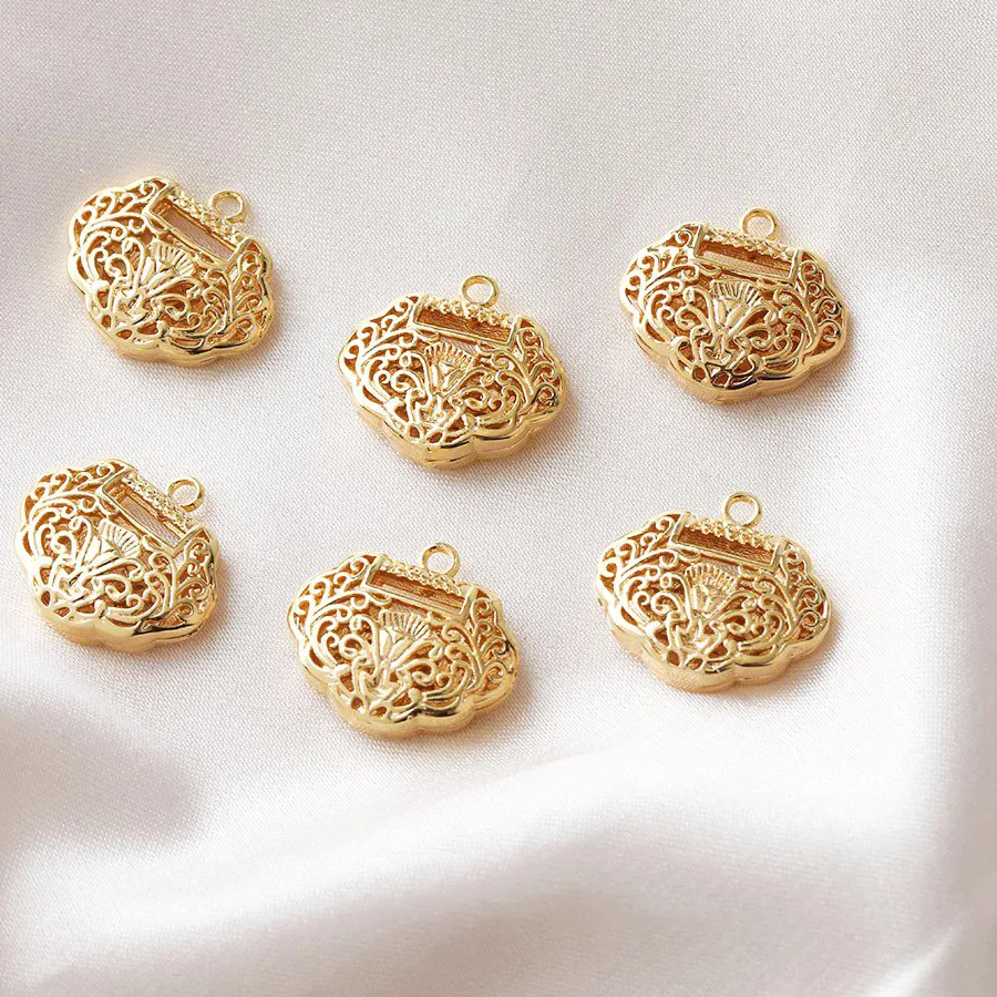 Authentic 2PCS Gold Plated Chinese Style Lock Necklace Pendant DIY Jewelry Findings Making Supplies Components Accessories
