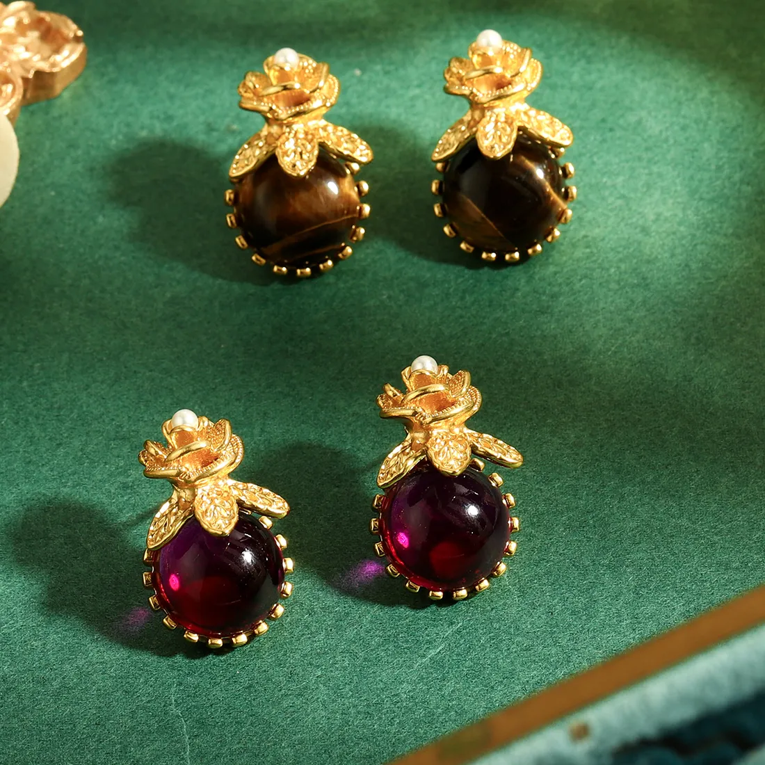 Authentic Gilded Courtier Baroque Flower And Tiger Eye Talisman Earrings