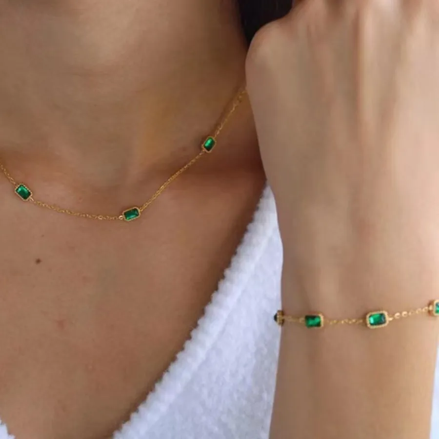 Authentic Luxury Green Crystal Pendant Necklack for Women Exquisite Gold Color Bracelet Collar Jewelry Set Colorfast