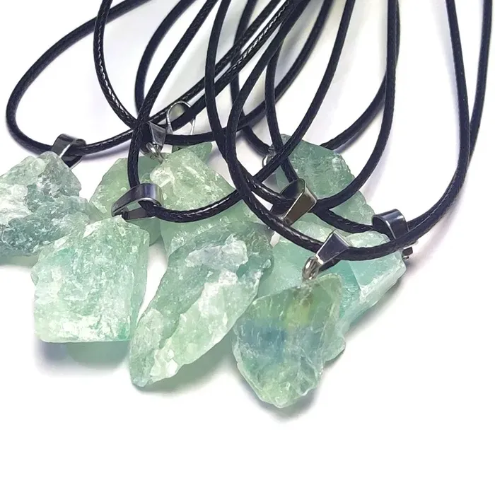 Authentic Natural Irregular Raw Ore Fluorite Green Crystal Pendant Energy Stone Charms With Free Rope Chain Necklace Healing