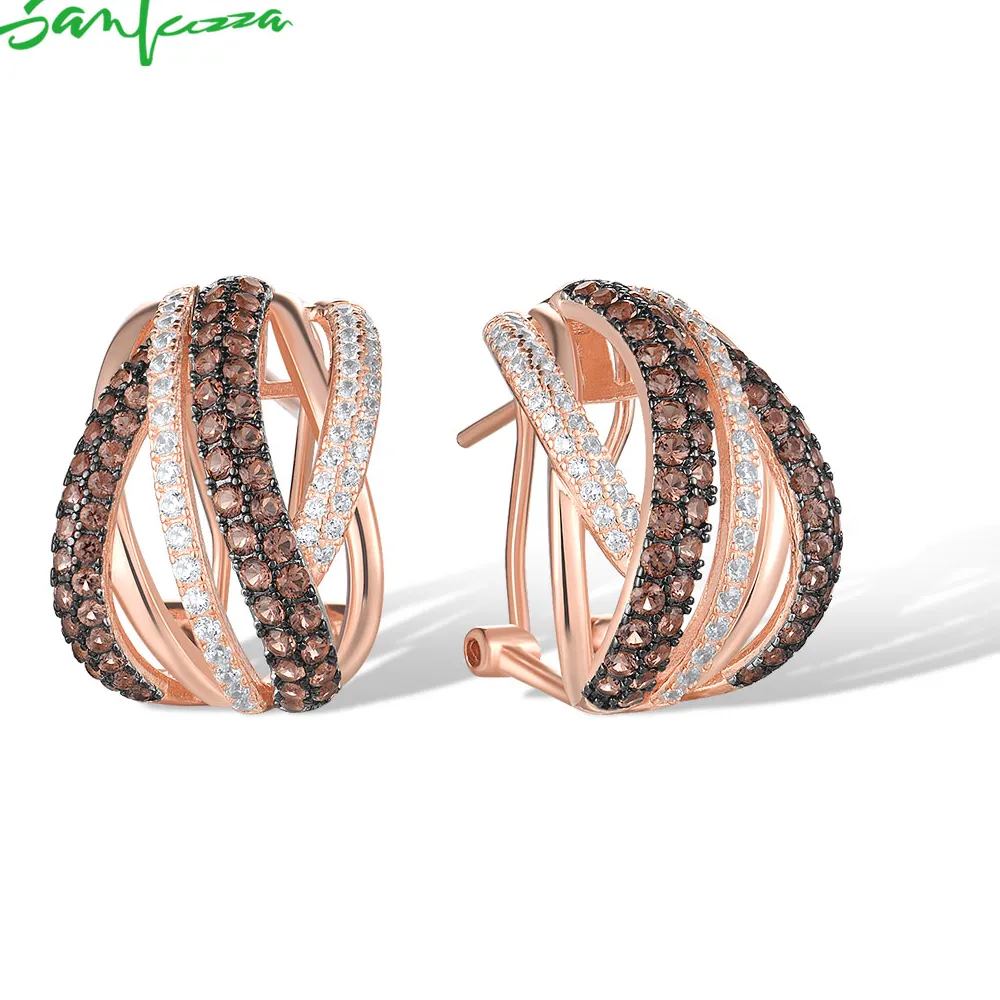 Authentic Santuzza Genuine 925 Sterling Silver Stud Earrings Sparkling Brown Spinel White Cz Cross Style Fine Jewelry