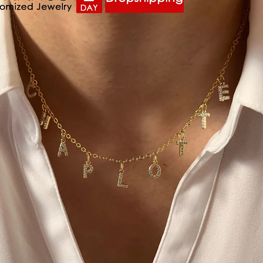 Authentic Emanco Customized Name Necklace Personalized Zircon Letter Choker Necklace Pendant Nameplate