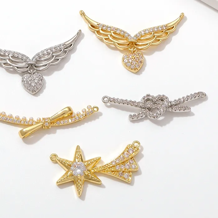 Authentic 1Pc 18K Gold Plated Angel Wings Heart Magic Wand Connector Pendant Cubic Zirconia Shooting Star Charms For Necklace Making