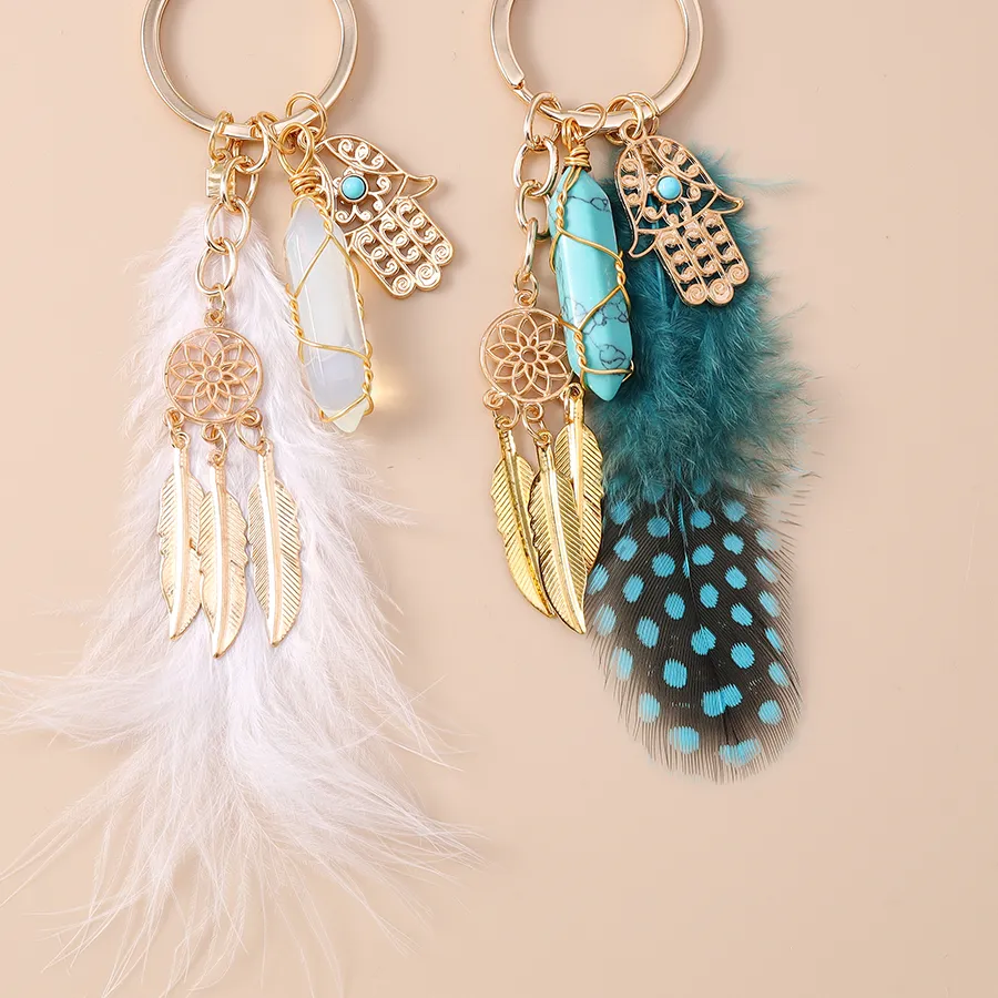 Authentic Bohemia Tassels Feather Keychain Women Girl Turquoise Key Ring Pendants for Handbag Decor DIY Handmade Key Chain Jewelry Gifts