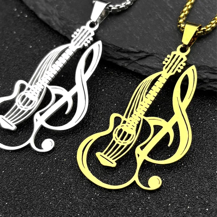 Authentic Hiphop Electric Guitar Music Pendant Necklace For Women Men Gold Silver Color Music Symbol Faith Chain Jewelry