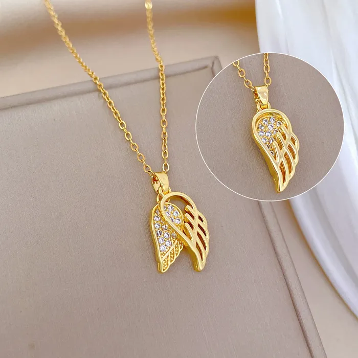 Authentic DIEYURO 316L Stainless Steel Golden Hollow Out Wings Feather Necklace For Women New Trend Clavicle Chain Jewelry Holiday Gift