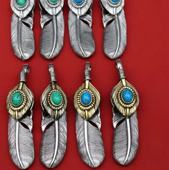 Authentic Handmade sterling silver gold feather turquoise feather pendant Fashion fashionista necklace pendant