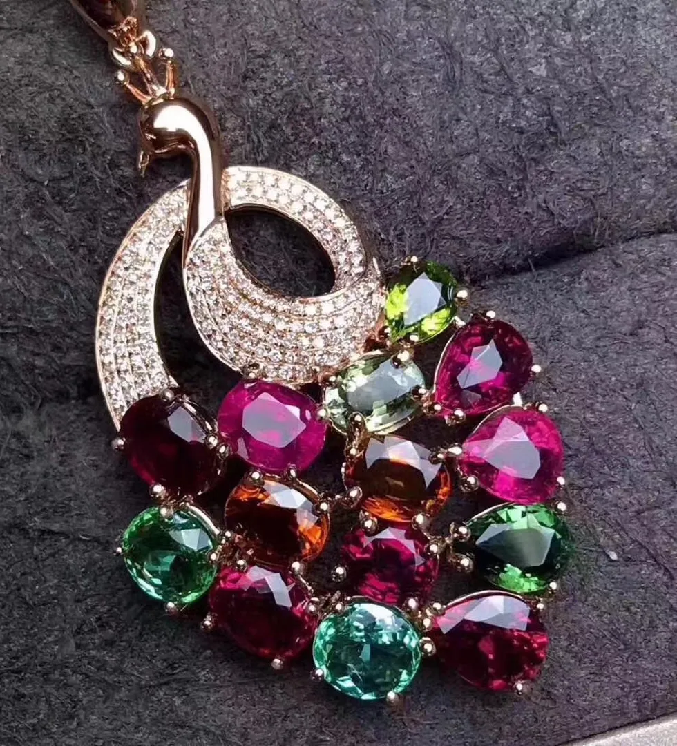 Authentic Foydjew Gorgeous Simulation Water Drop Rainbow Tourmaline Gemstone Pendant Necklaces Women's Rose Gold Color Peacock Necklace