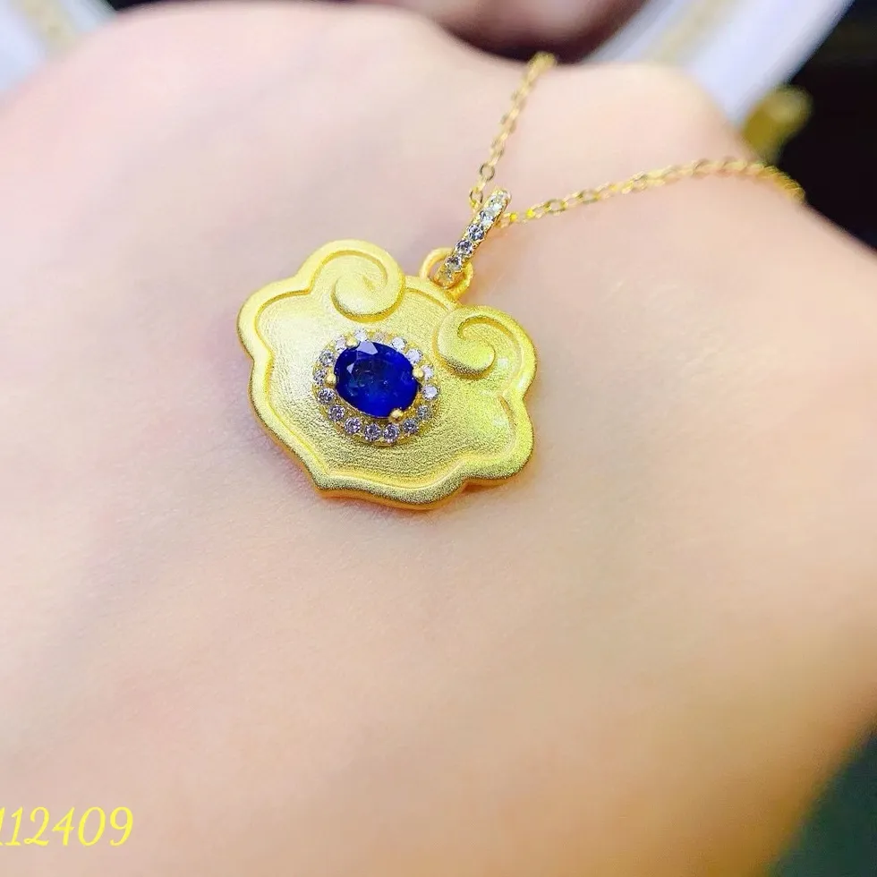 Authentic KJJEAXCMYNatural Sapphire Female Pendant 925 Silver Plated Ancient Craftsmanship Inlaid with Auspicious Clouds Ruyi Lock Jewelry