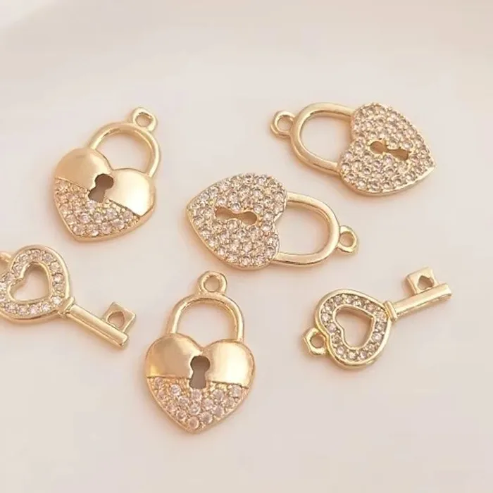 Authentic 14K Gold Inlaid Zirconium Stone Heart Lock Key Pendant, Heart Lock Shaped Pendant, Handcrafted DIY Bracelet Accessories K109