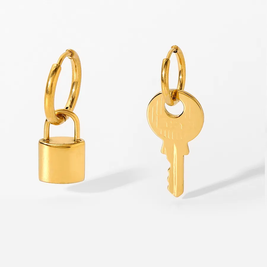 Authentic New Stainless Steel Lock Key Asymmetric Pendant Huggie Earrings PVD Gold Plated Dangle Hoop Earrings For Girls Gift